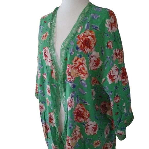 The Pioneer Woman Green Apple Floral Duster Kimono Crochet Trim Size Large XL - Picture 6 of 9
